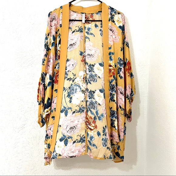 Xhilaration Sweaters - Xhilaration Yellow Floral Print Kimono Medium